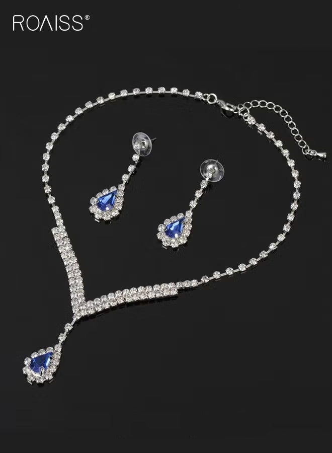 roaiss Women's Two-Piece Bride Jewelry Set Full Diamond V-Neck Teardrop Pendant Necklace and Matching Earrings Elegant Design Perfect for Weddings, Formal Events and Special Occasions Blue - Image 1